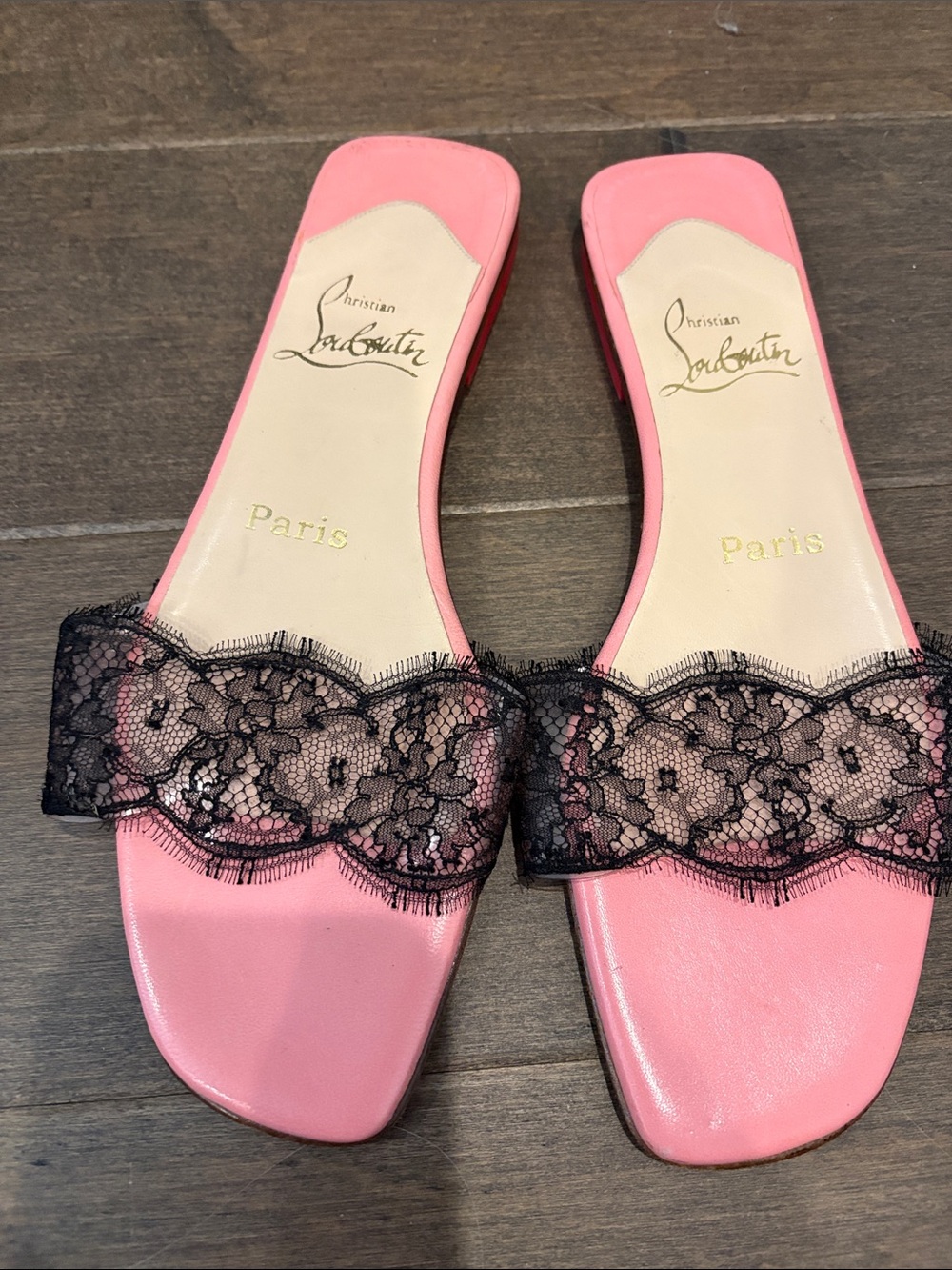 Christian Louboutin Pink Leather Lace-Trim Slide Mules